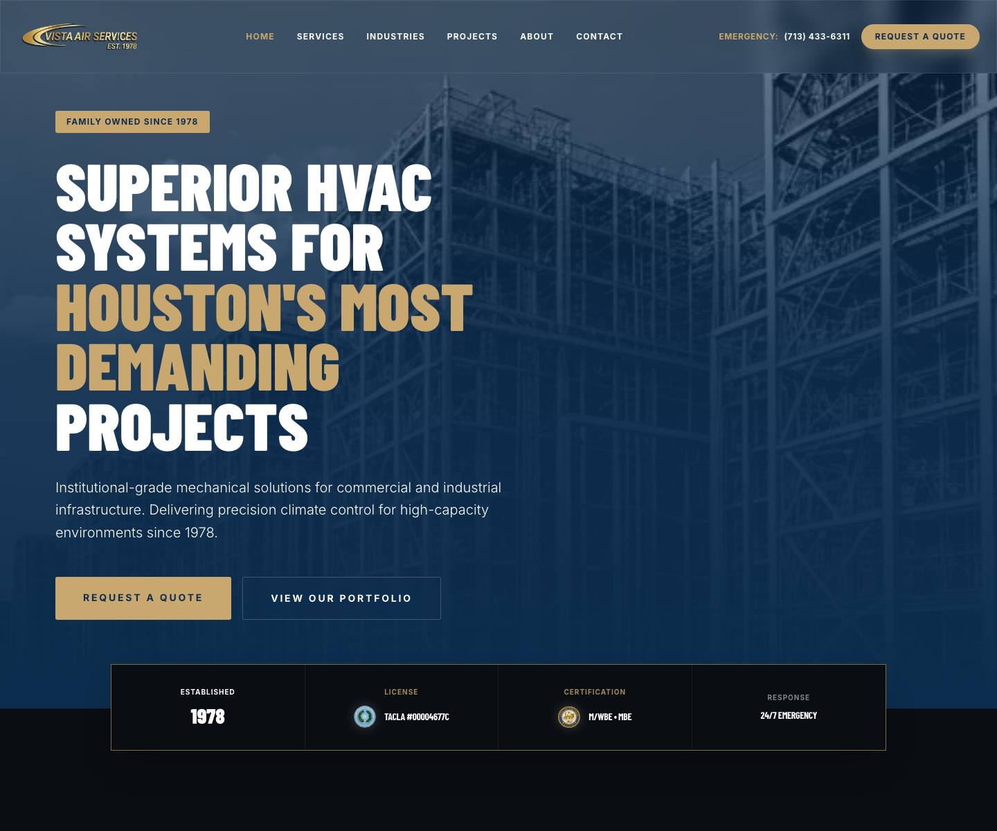 Homepage screenshot of the Vista Air Services website